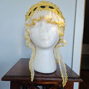 Victorian Yellow Crocheted Sleeping Cap with Black Grosgrain Ribbon